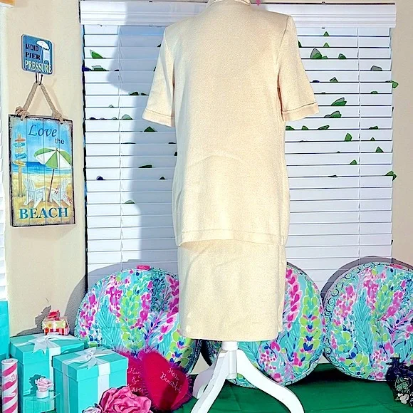 St. John Basics cream Santana knit 3 piece sweater jacket, top & skirt set